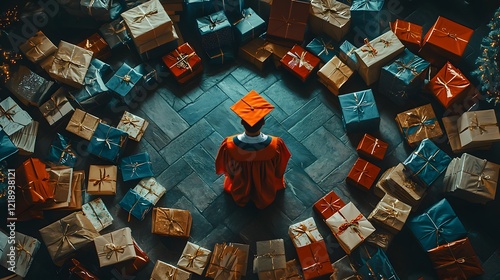 Bird s-eye view of a graduate surrounded by a circle of congratulatory cards and gifts