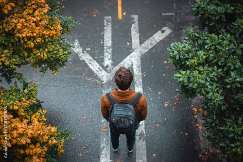 Student standing at a crossroad with three different paths, making a decision for his future