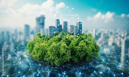 Sustainable Development Technology Concept with Digital Network Overlay on Lush Green Island Against Modern Cityscape and Blue Sky, 