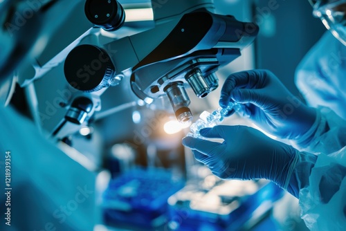 A close-up of hands in gloves holding and preparing samples on an electrophoresis gel under the lights, with laboratory equipment visible in soft focus in the background. photo