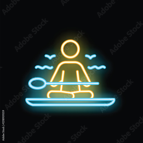 Neon sign of a person sitting cross legged on a paddle board, holding a paddle, on a black background