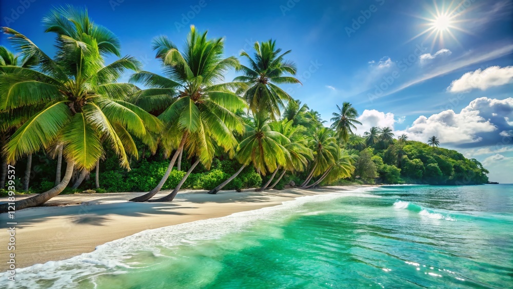 Lush Tropical Beach Scene: Palm Trees, Turquoise Ocean, and Golden Sand Lush Tropical Beach Scene: Palm Trees, Turquoise Ocean, and Golden Sand