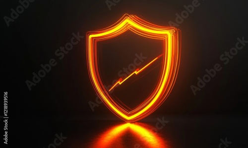 Glowing Neon Shield Icon in Orange and Yellow on Black Background, 3D Render of Futuristic Technology Symbol, Vibrant Concept Art for Cybersecurity and Protection, 