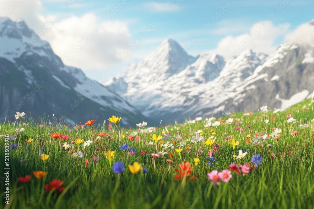 Fototapeta premium Colorful wildflower meadow in the Alps under a clear blue sky with snow-capped mountains in the background