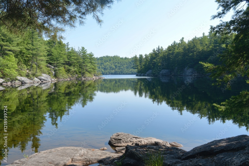 Serene lake surrounded by lush trees under clear blue sky on a sunny day Serene lake surrounded by lush trees under clear blue sky on a sunny day