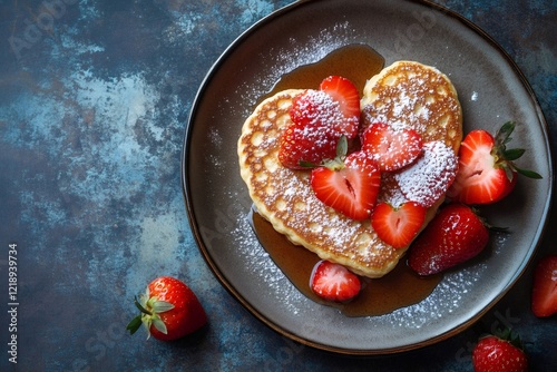 Heart shaped pancake with maple syrup and fresh strawberries lying on a dark plate photo