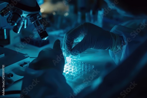 A close-up of hands in gloves holding and preparing samples on an electrophoresis gel under the lights, with laboratory equipment visible in soft focus in the background. photo