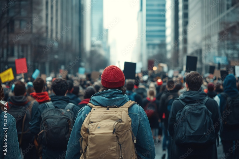 Crowd walking down street marching in protest holding signs and banners Crowd walking down street marching in protest holding signs and banners