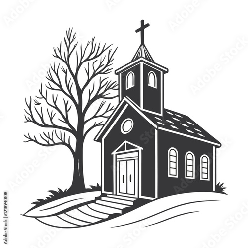 black and white illustration of a small church