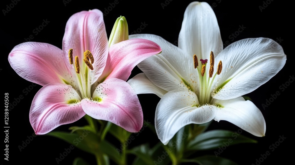 Fototapeta premium Pink and White Lilies on Black Background