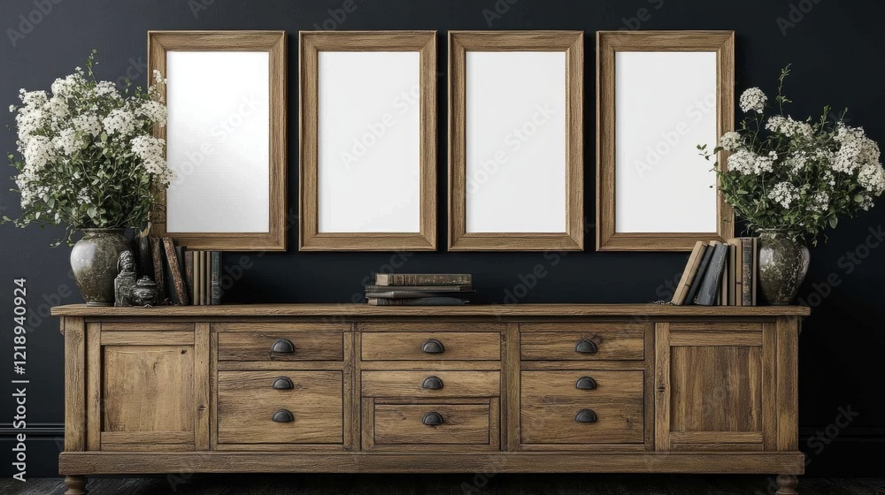 Fototapeta premium Rustic Wooden Sideboard with Blank Frames and Flowers