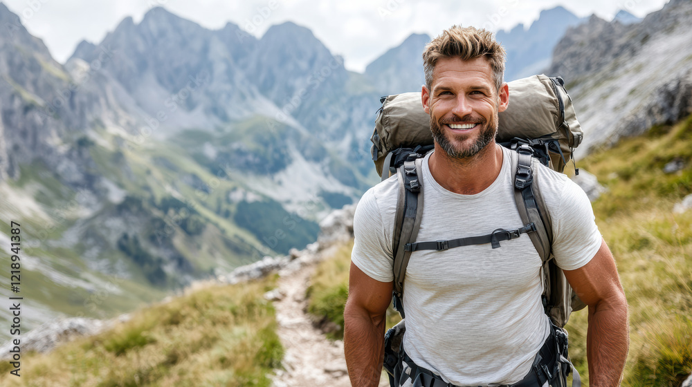 Hiking man smiling with backpack in mountain landscape Hiking man smiling with backpack in mountain landscape