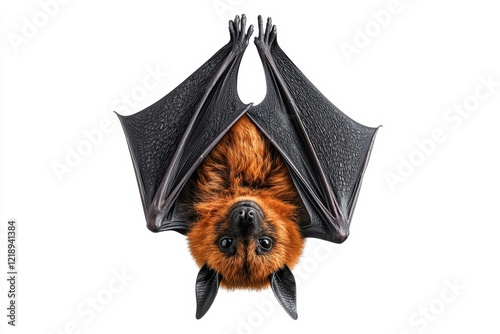 A close-up of a bat hanging upside down, showcasing its intricate wing structure and furry face, emphasizing its unique features. photo