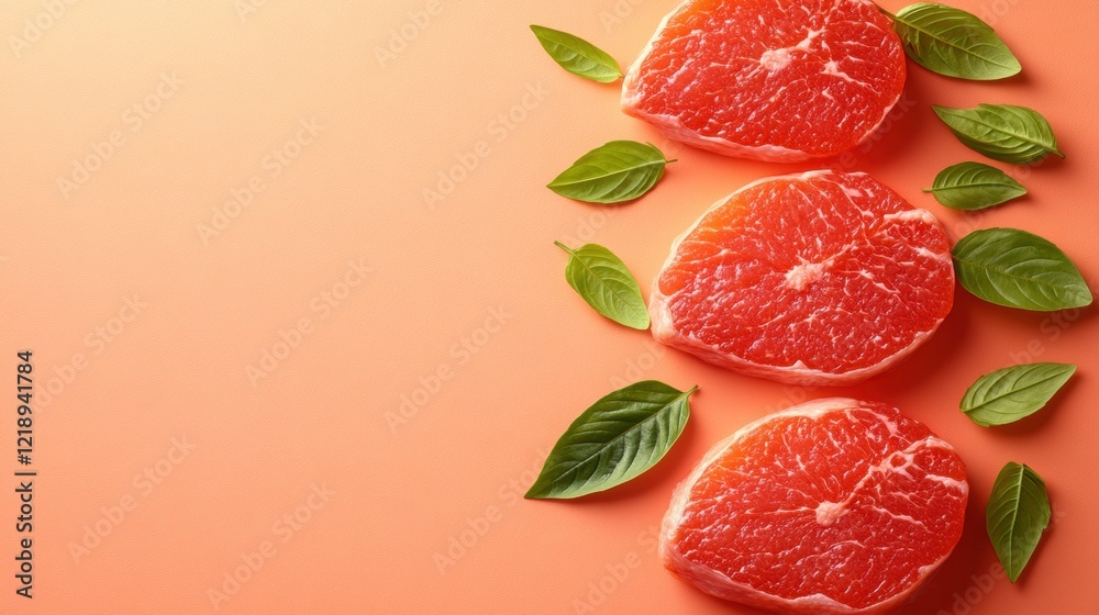 Juicy Grapefruit Slices with Fresh Basil Leaves Juicy Grapefruit Slices with Fresh Basil Leaves