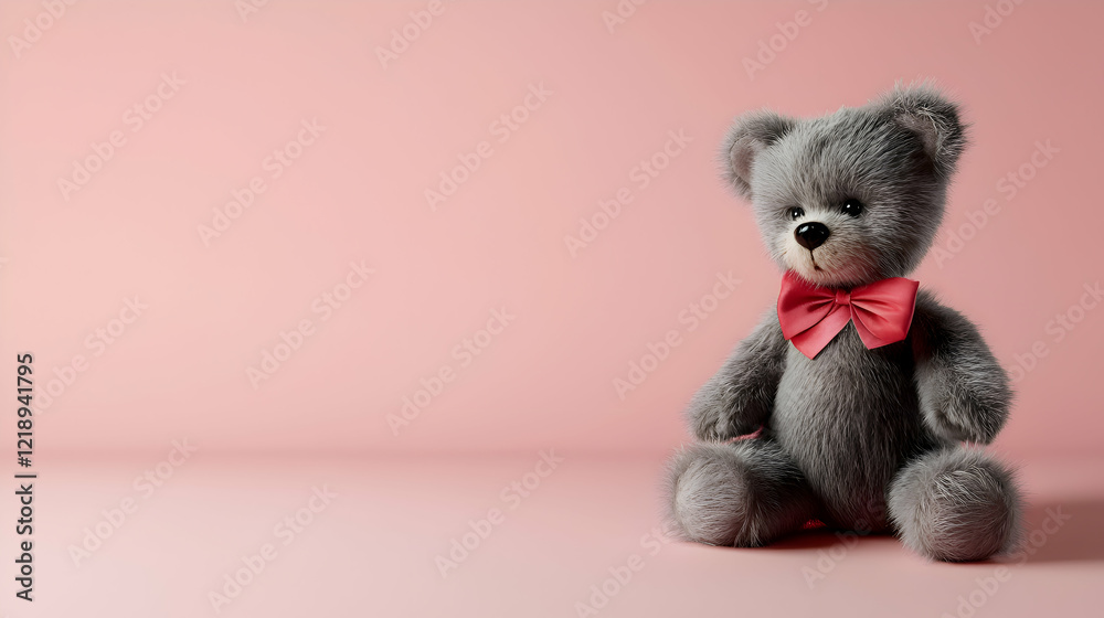 Fototapeta premium A soft teddy bear wearing a red bow tie, sitting on a pastel pink background