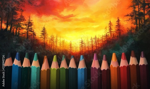 Color Pencils in Artistic Arrangement Depicting Forest Landscape with Vibrant Sunset Background - Creative Art Tools and Nature-Inspired Background, Ideal for Artistic and Educational Concepts, 