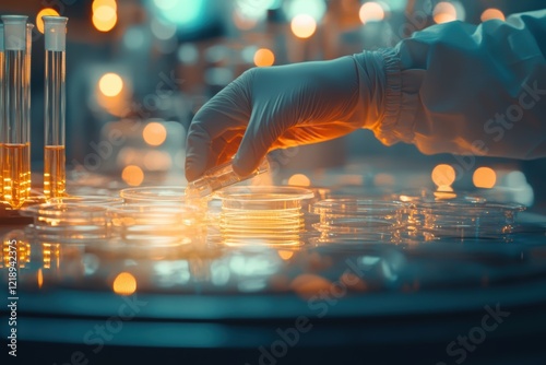 A close-up of hands in gloves holding and preparing samples on an electrophoresis gel under the lights, with laboratory equipment visible in soft focus in the background. photo