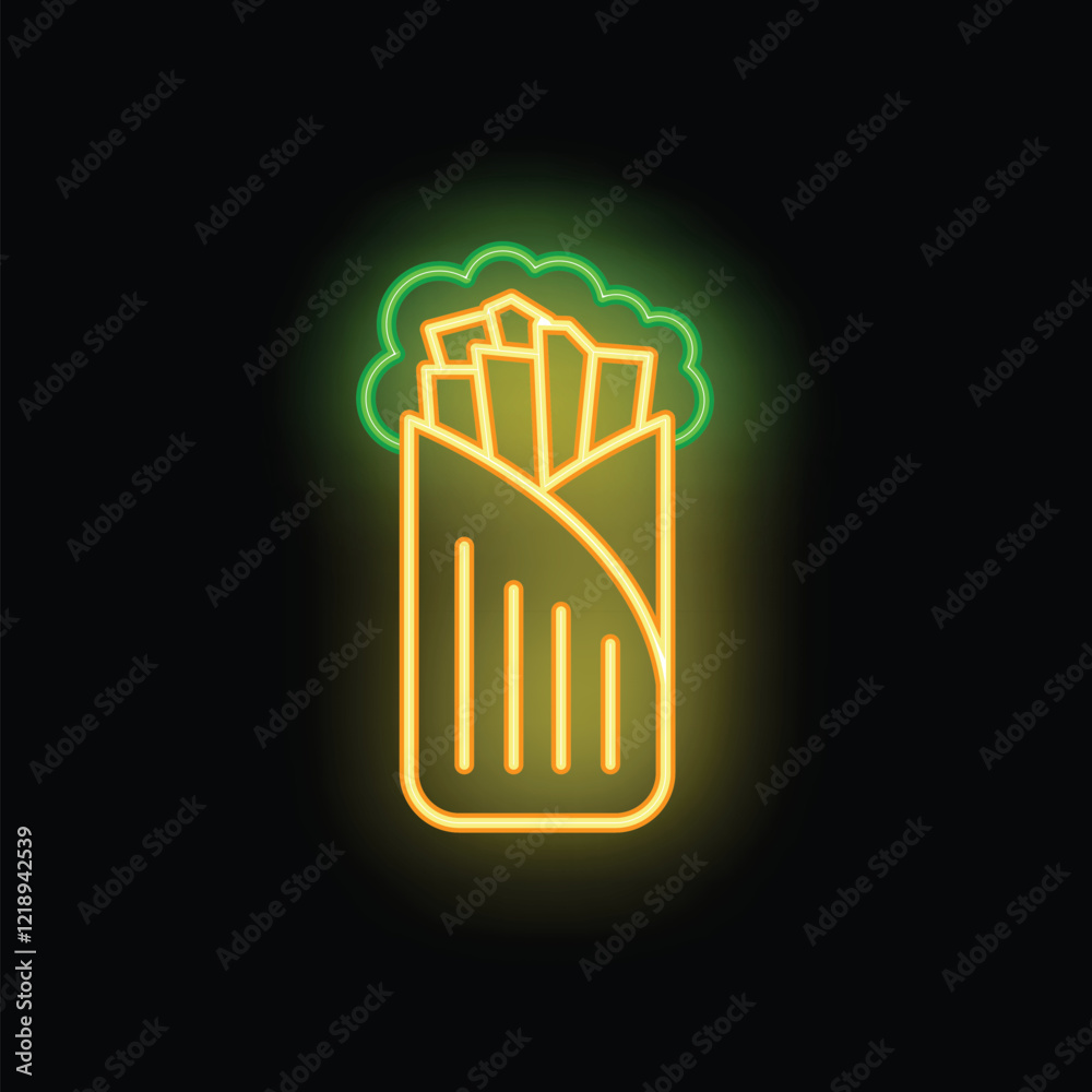 Glowing neon sign representing a wrap with lettuce and fries, ideal for a fast food restaurant Glowing neon sign representing a wrap with lettuce and fries, ideal for a fast food restaurant