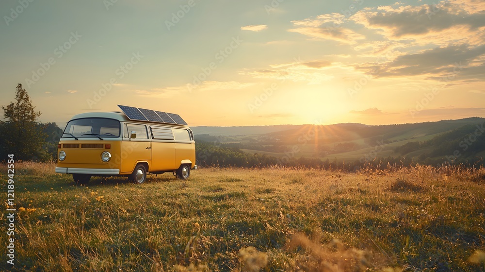 A retro camper van with sleek solar panels, parked in a serene, sunlit meadow A retro camper van with sleek solar panels, parked in a serene, sunlit meadow