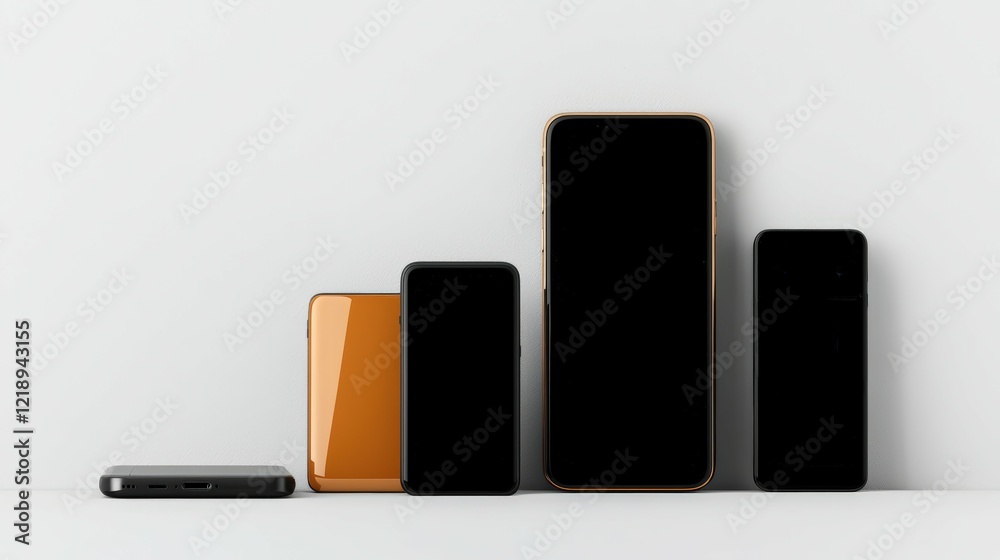 A collection of smartphones displayed on a clean surface, showcasing modern technology and unique design in various sizes. A collection of smartphones displayed on a clean surface, showcasing modern technology and unique design in various sizes.