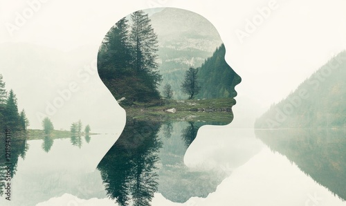 Human Head Outline with Serene Landscape Inside Reflecting Inner Peace and Mental Tranquility in Nature, Concept of Mindfulness and Wellness, Copy Space, Double Exposure Effect for Meditation Themes, 