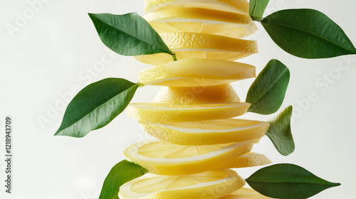 Lemon slices on a white background, Yellow lemons with green leaves on white background. Tropical organic fruit with vitamin C ,sliced lemon on a wooden cutting board ,The Lemon and lemon slice 