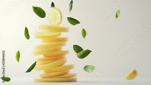 Lemon slices on a white background, Yellow lemons with green leaves on white background. Tropical organic fruit with vitamin C ,sliced lemon on a wooden cutting board ,The Lemon and lemon slice 