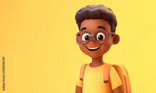 Happy Smiling African Cartoon Boy in 3D Style on Yellow Background, Cheerful Teenager in Casual Outfit with Backpack, Cute Funny Concept for Animation, Diversity, and Positive Characters, 