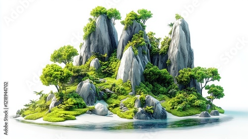 Lush Tropical Island with Rocky Cliffs and Steps
