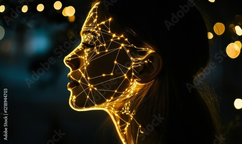 Profile of Woman with Glowing Neon Network Nodes and Interconnected Pathways Illustrating Artificial Intelligence, Technology, and Innovation on Dark Background, 