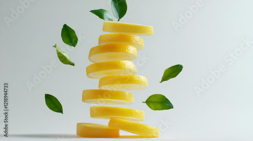 Lemon slices on a white background, Yellow lemons with green leaves on white background. Tropical organic fruit with vitamin C ,sliced lemon on a wooden cutting board ,The Lemon and lemon slice 