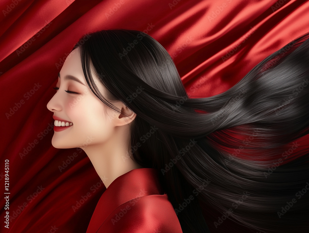Fototapeta premium 赤い背景の美しい髪の毛の女性