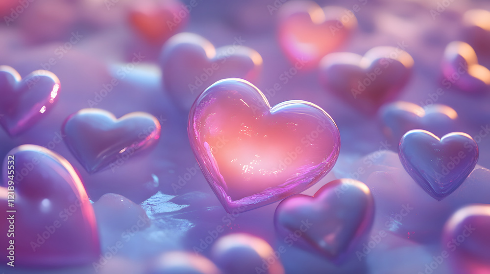 Fototapeta premium Hearts in various sizes and shapes, filled with gradient colors and surrounded by soft glowing effects that create a serene atmosphere.