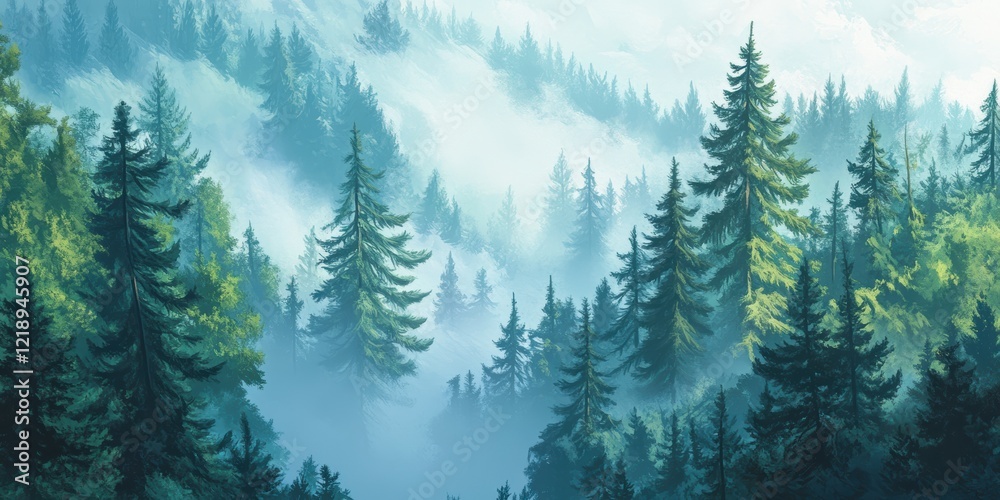 Fototapeta premium Foggy forest with mist, pine trees, snow-covered landscape, and distant mountains under a cloudy sky