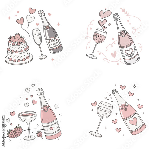 Champagne bachelorette party set, vector watercolor wedding coquettish alcohol beverage, wineglass. Feminine pink celebration cocktail drink, aesthetic Valentine's Day date, bottle. 