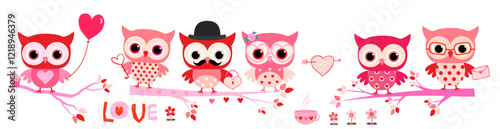 Cute vector owls in red and pink on branches with hearts, mustache, balloon, eyeglasses and flowers, Valentine's Day woodland animal - bird