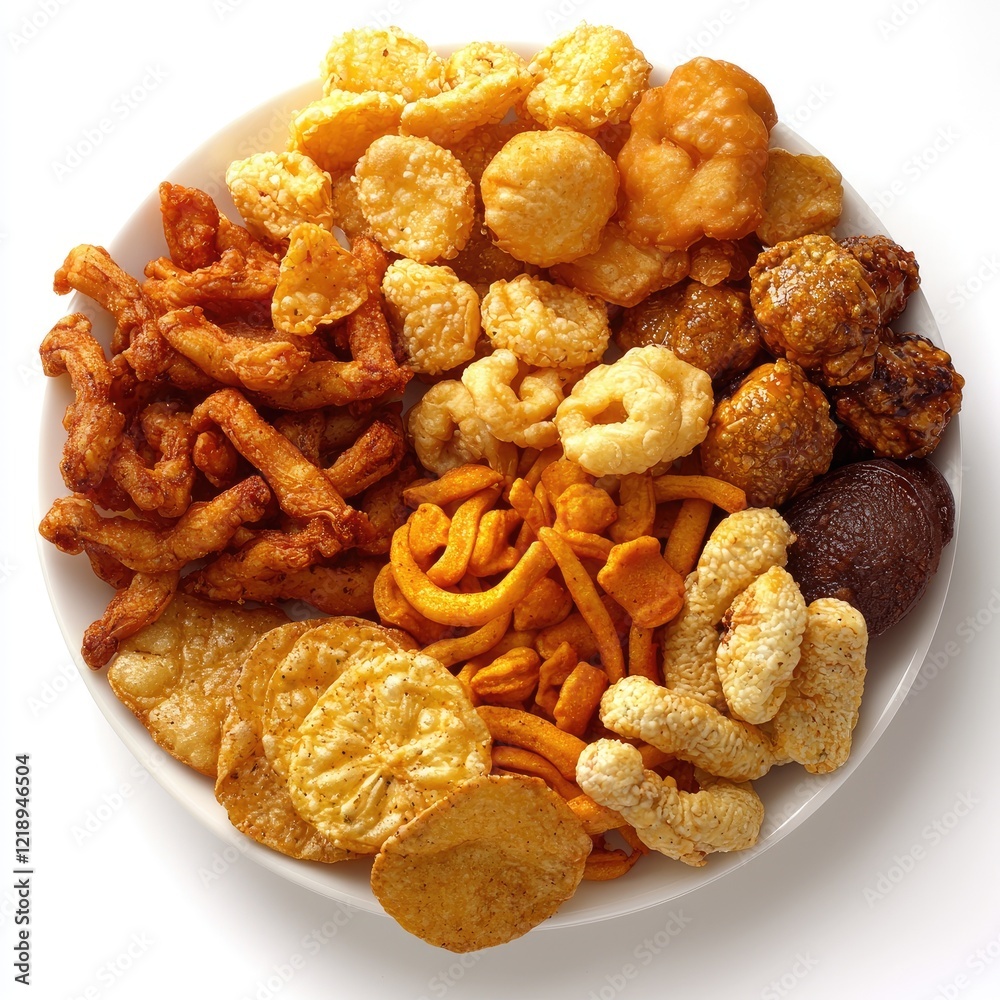 Assorted savory snacks on plate, overhead shot, white background, food photography, website use Assorted savory snacks on plate, overhead shot, white background, food photography, website use