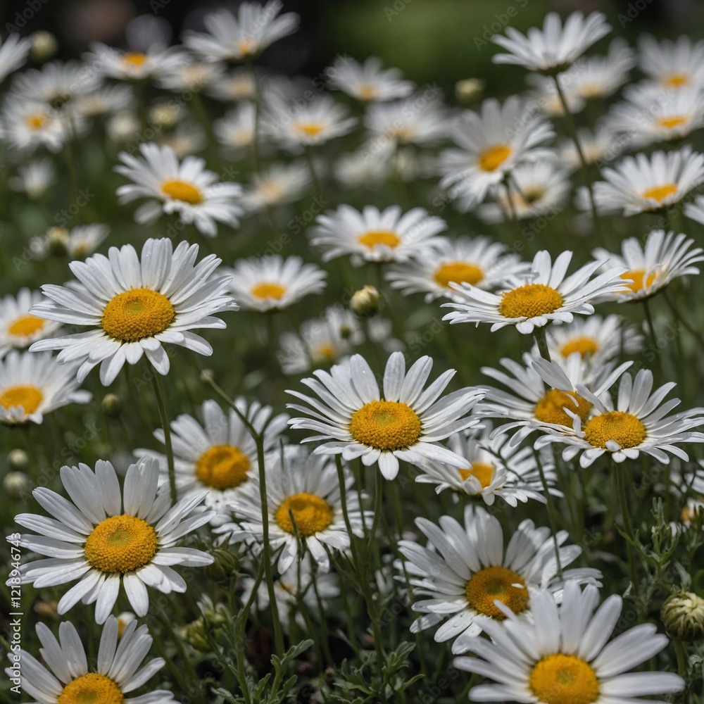 A soft-focus shot of white daisies with a blurred park background. A soft-focus shot of white daisies with a blurred park background.