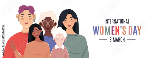 Horizontal banner with women of different nationalities. International Women's Day poster in flat style. 8 March Day.