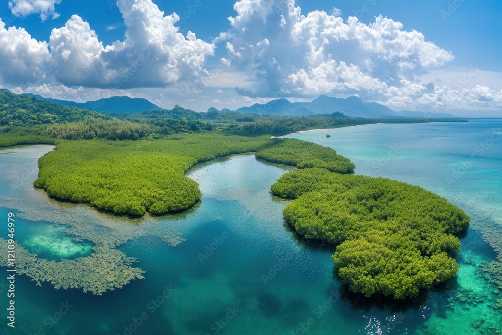Naklejka premium Lush Mangrove Forest Thriving in a Vibrant Tropical Lagoon
