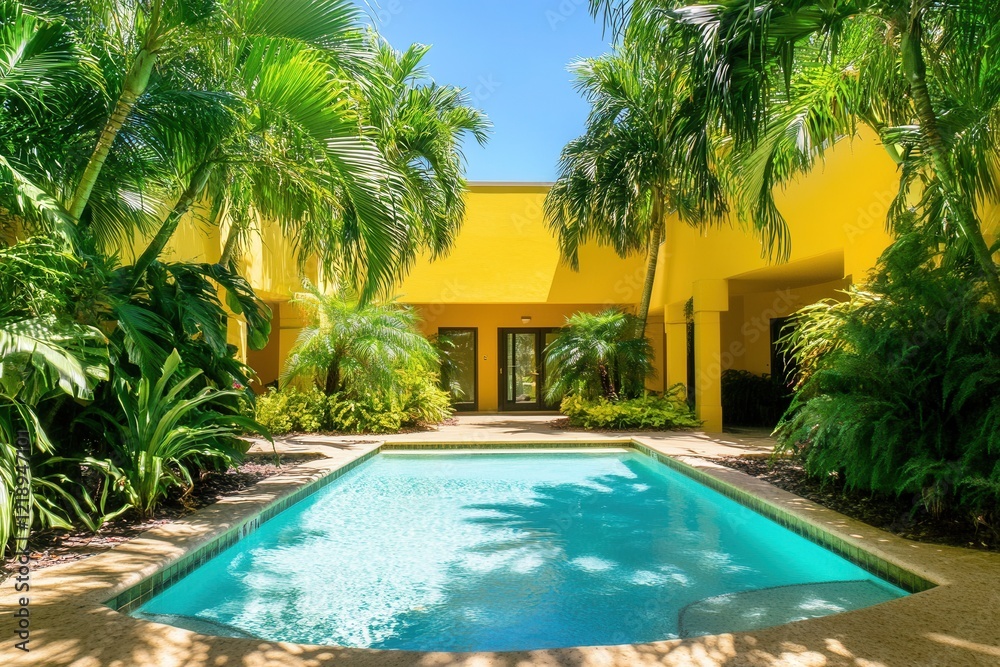 Fototapeta premium Lush Tropical Courtyard With Inviting Pool And Yellow Building