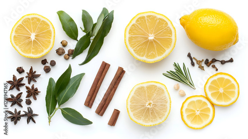 Lemon and herbs background with white marble copy space, Pattern with aromatic herbs and spices on white background ,Pattern with aromatic herbs and spices on white background 