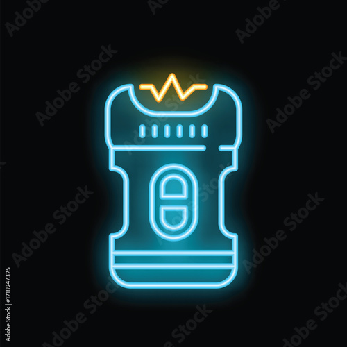 Blue and yellow neon sign glowing brightly against a black background, showing a stun gun for self defense