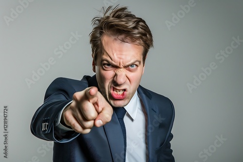 Angry Businessman Pointing Finger at Camera in Studio Setting