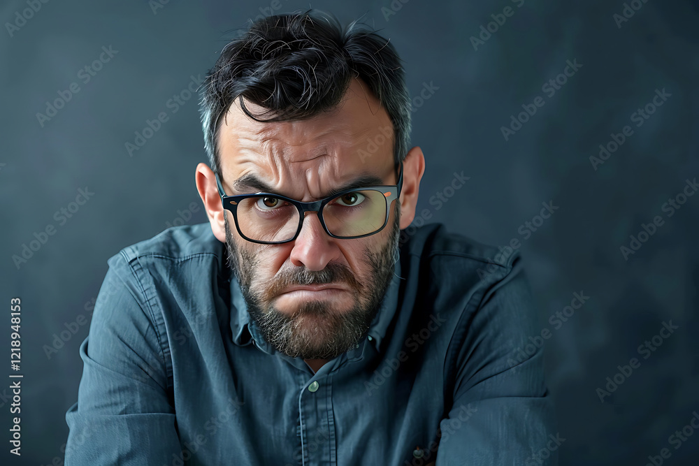 Obraz premium Angry Man with Glasses Posing in Front of a Dark Background