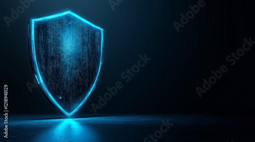 Wallpaper Mural A sleek digital shield icon glowing with a holographic blue light against a dark, futuristic background. Binary code texture adds a tech-inspired layer to the protective symbol,  cybersecurity Torontodigital.ca