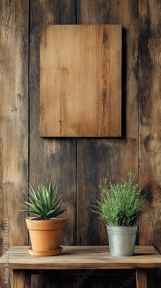 Rustic wooden wall with empty wooden board and two potted plants - succulent in terracotta pot and rosemary in metal bucket on wooden shelf. Natural home decor. Rustic wooden wall with empty wooden board and two potted plants - succulent in terracotta pot and rosemary in metal bucket on wooden shelf. Natural home decor.