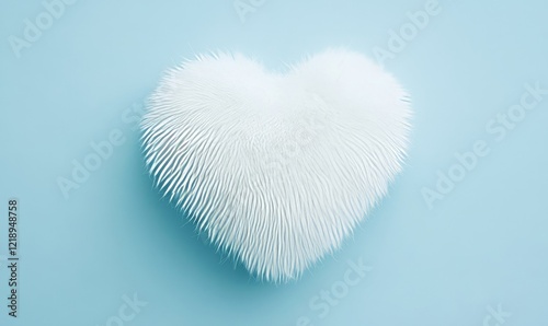 Fluffy White Fur Heart Shape on Baby Blue Minimalist Background, Soft Texture, Romantic and Cozy Concept, Valentine's Day Decor, Love, Minimalism, 