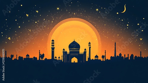 Majestic Mosque Silhouette at Sunset: A Serene Night Scene photo