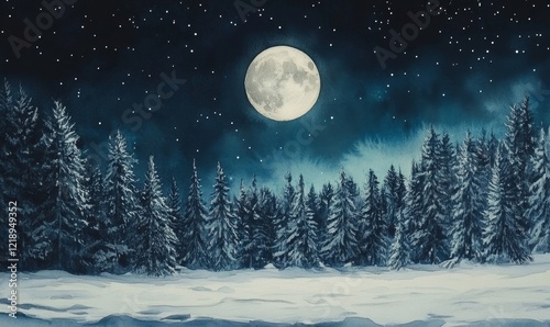 Full Moon Night in Snowy Winter Forest - Watercolor Painting of Serene Nature Scene with Starry Sky and Snow-Covered Trees, 